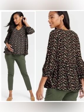 The Nines by HATCH 3/4 Sleeve Ties Black Multi Floral Maternity Top Size Small